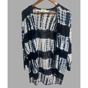 Ember Cardigan Women’s Large Long Tunic 3/4 Sleeve Blue White Tie-Dye Boho Top